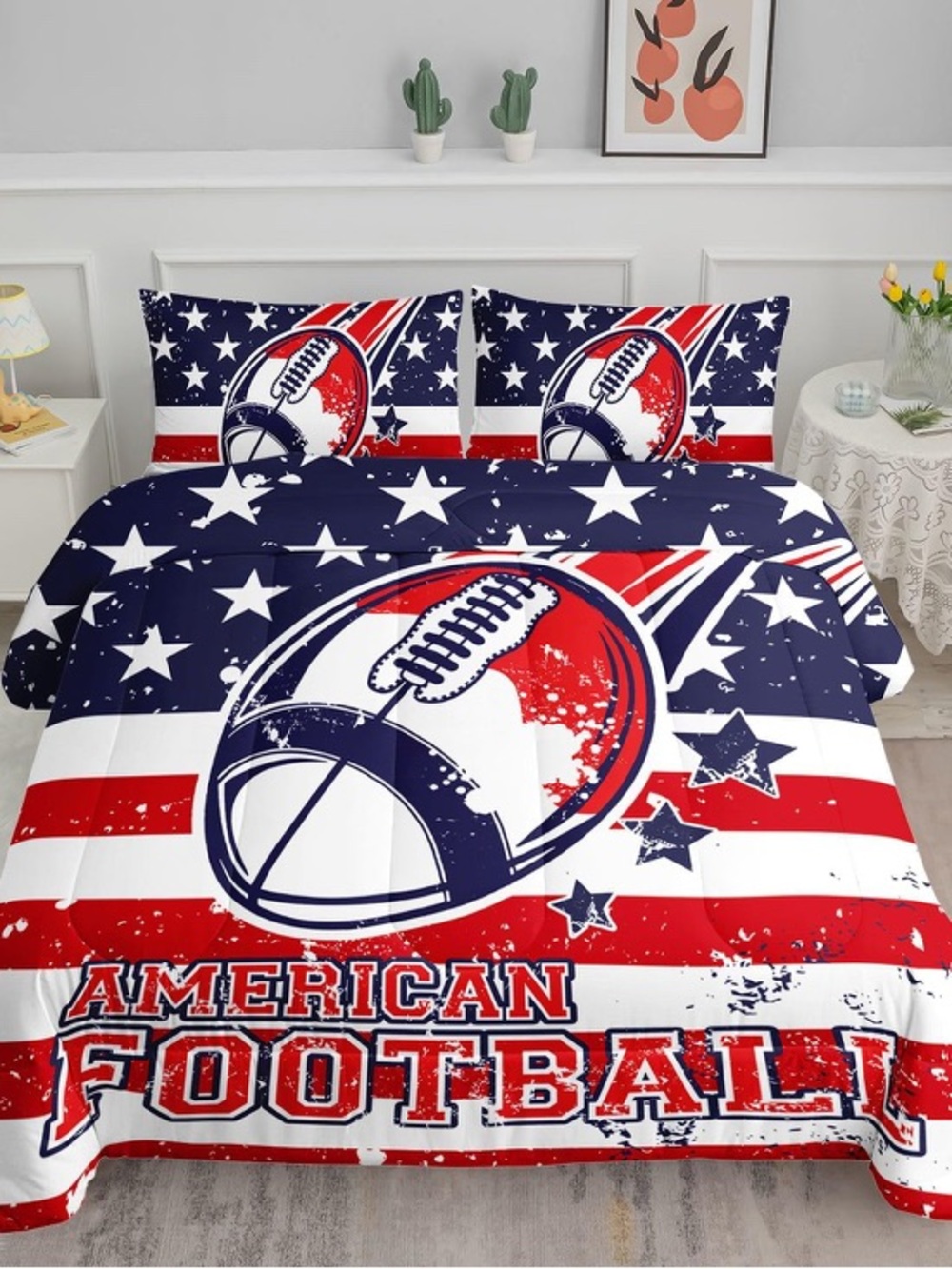 Comforter Set American Flag Printed Bedding 1 Comforter and 2 Pillowcases (Full)